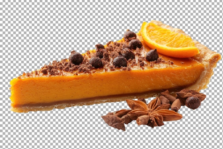 PSD fetta di torta di zucca cremosa guarnita con arancia al cioccolato e spezie su uno sfondo bianco