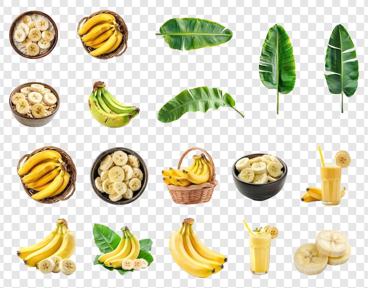PSD fette di banana in ciotola di farina d'avena isolate su uno sfondo trasparente