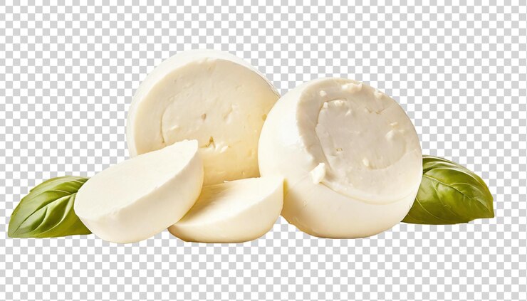 PSD fette di formaggio mozzarella con foglie verdi isolate su uno sfondo trasparente
