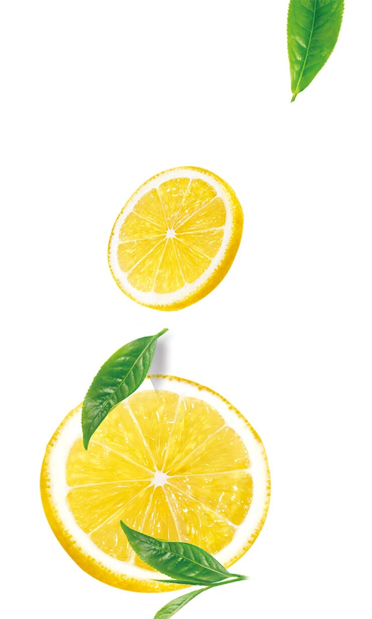 PSD fette di limone che cadono con foglie verdi