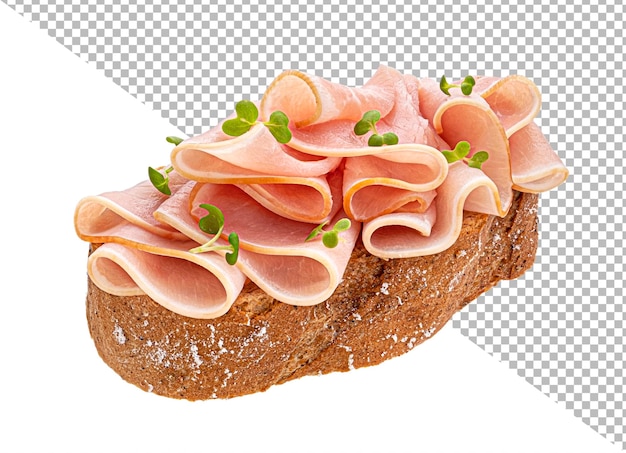 Fette di prosciutto su pane di segale isolato su sfondo bianco