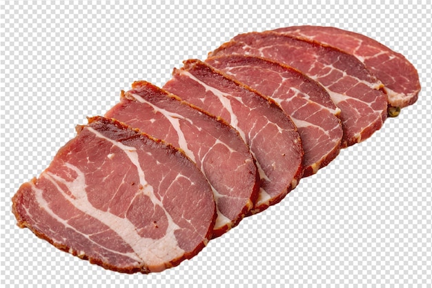 Fette sottili di basturma piccante, prelibatezza di carne di manzo curata per la progettazione o l'imballaggio di alimenti