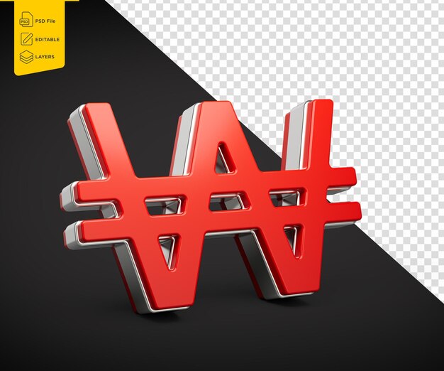 Fettrotes rotes koreanisches Won-Währungssymbol mit schlankem metallischem Glanz 3D-Illustration