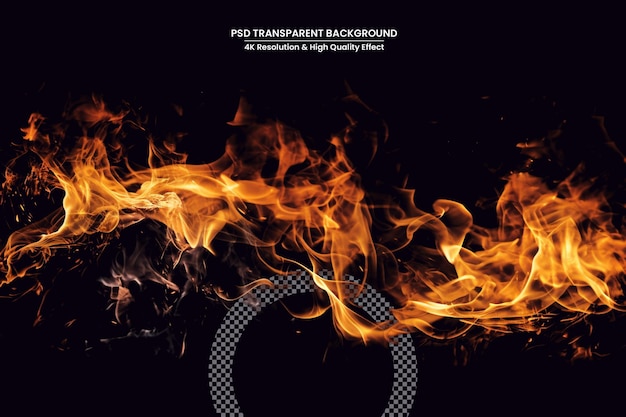 Feuerflammen und fliegende Funken isoliert auf transparentem Hintergrund, abstrakter flammender Hintergrund