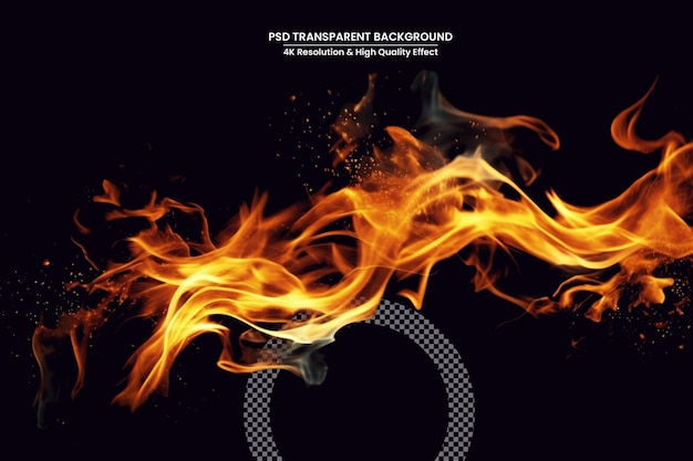 Feuerflammen und fliegende Funken isoliert auf transparentem Hintergrund, abstrakter flammender Hintergrund