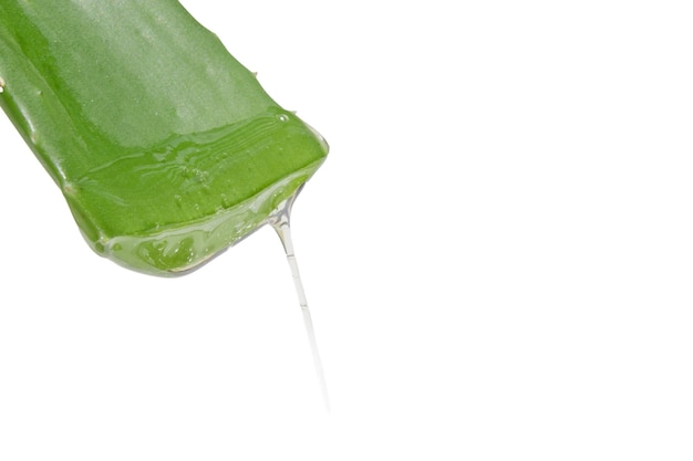 Feuille D'aloe Vera Frais Vert Avec Du Gel Transparent Dégoulinant Sur Fond Blanc