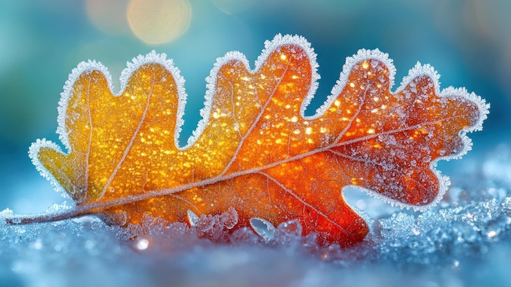 PSD la feuille de chêne d'automne gelée sur la neige