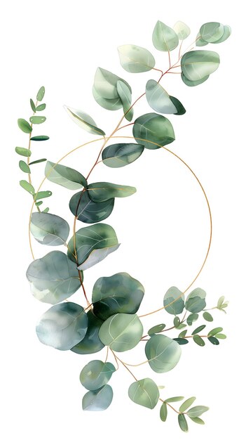 PSD une feuille d'eucalyptus à l'aquarelle avec un cercle doré autour