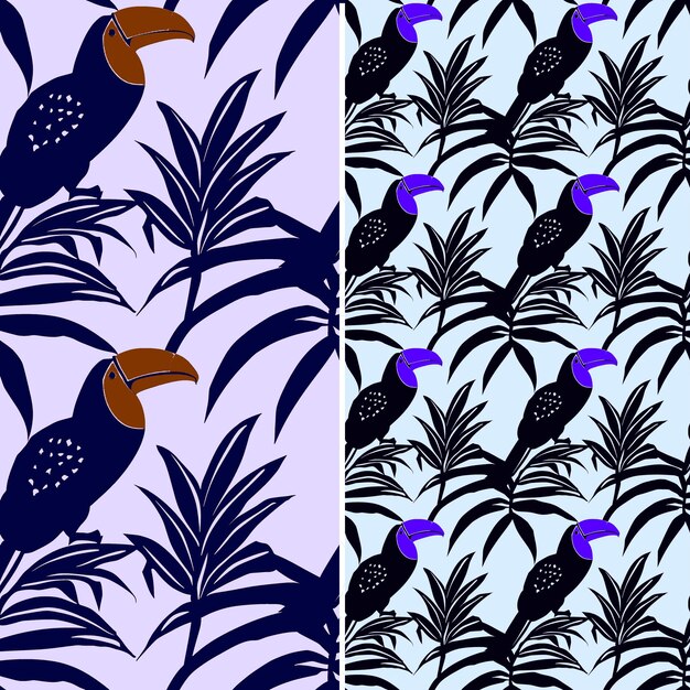 PSD des feuilles de bromélia à motif sans couture avec des contours tranchants de toucan et un collage simplifié de contours en d