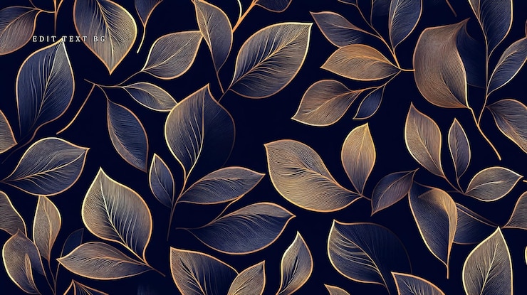 PSD des feuilles dorées et bleu foncé sur un fond noir.