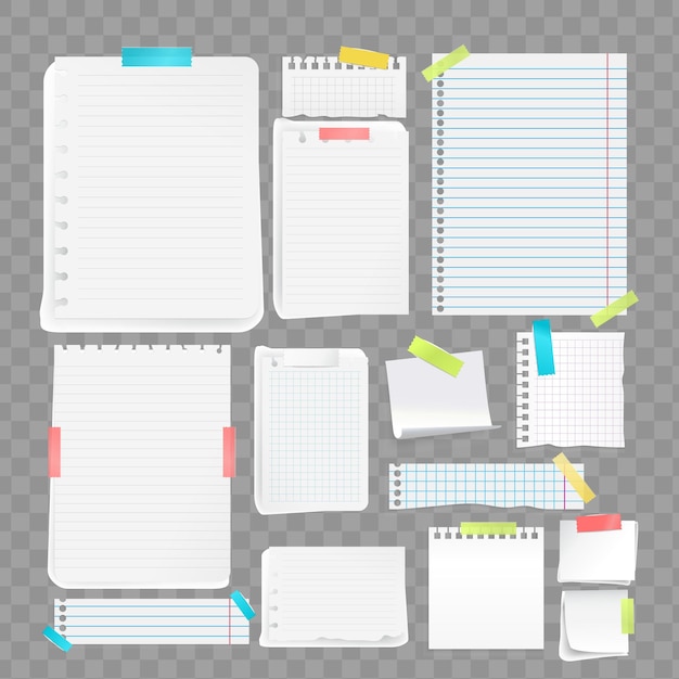 Des feuilles de papier blanches réalistes de différentes tailles et formes collées avec du ruban adhésif coloré sur des isolants gris