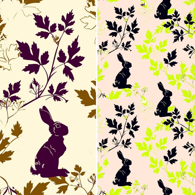 PSD des feuilles de persil sans couture avec une silhouette de lapin et un design vintage arr pattern art tattoo ink