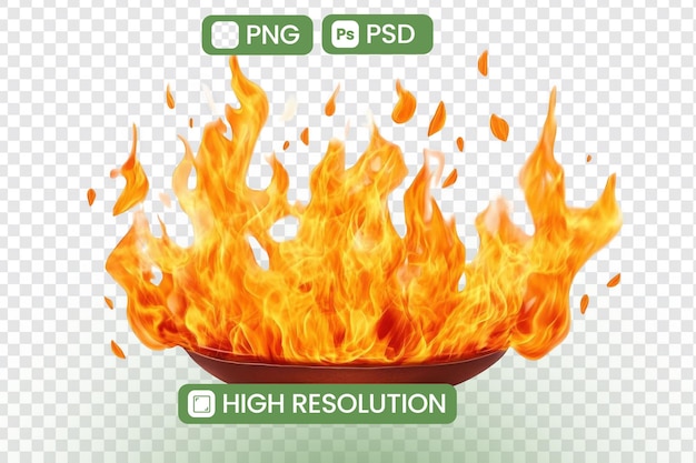 Feurige Flammen entzünden sich in einer Pfanne High-Resolution PNG und PSD grafische Ressource für Design-Projekte, die intensive Hitze und Energie veranschaulichen Perfekt für kulinarische oder Fantasy-Themen