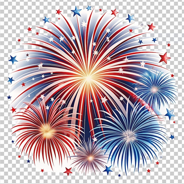 PSD des feux d'artifice américains éclatant en couleurs patriotiques sur un fond transparent