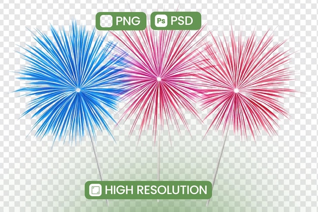 Des feux d'artifice vibrants en haute résolution PNG et PSD Éléments de conception graphique pour des célébrations festives Projets d'art numérique et visuels créatifs avec un thème d'été Télécharger maintenant