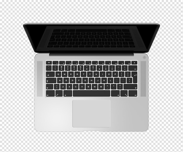 Öffnen Sie die Draufsicht des Laptops mit schwarzem Bildschirm, der auf transparentem Hintergrund 3D-Rendering isoliert ist