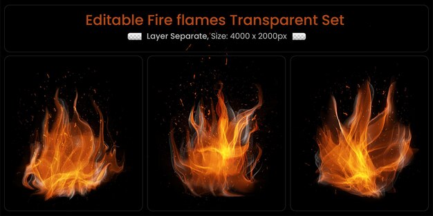 Fiamme di fuoco ardenti realistiche con set di elementi luminosi brillanti