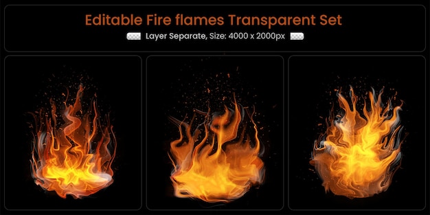 Fiamme di fuoco ardenti realistiche con set di elementi luminosi brillanti