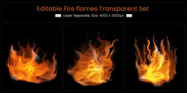 Fiamme di fuoco ardenti realistiche con set di elementi luminosi brillanti