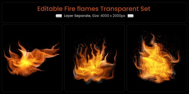 Fiamme di fuoco ardenti realistiche con set di elementi luminosi brillanti