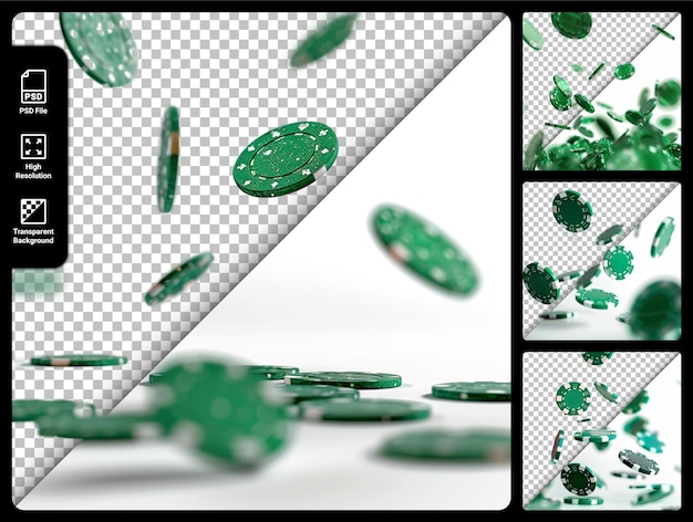 Las fichas de casino de esmeralda en midair aisladas sobre un fondo transparente
