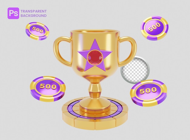 Fichas de cassino e campeonato de troféus isolados em fundo transparente