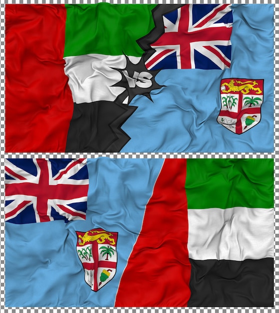 Fidschi gegen Vereinigte Arabische Emirate Halbkombinierte Flagge Stoff Bump Texture 3D-Rendering