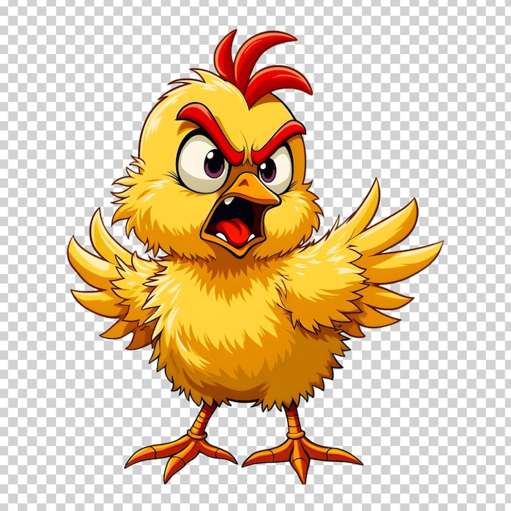 PSD fierce shaggy chick cartoon con ojos anchos y pico abierto aislado en un fondo transparente