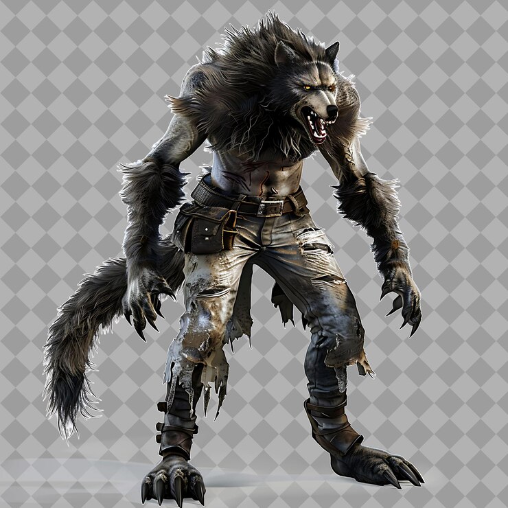 PSD fierce werewolf cursed lycanthrope com humano lobo híbrido fo isolado renderização de personagens de alta qualidade