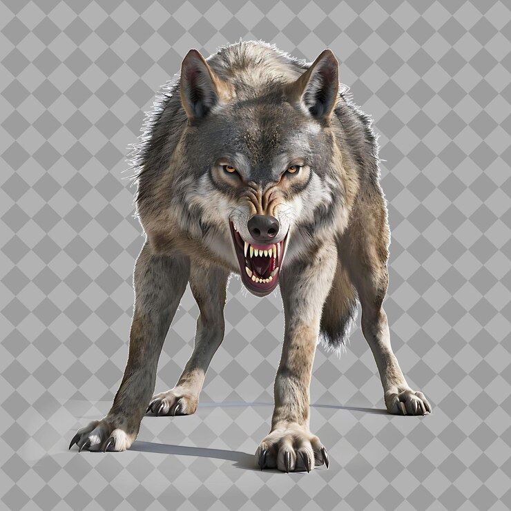 PSD fierce wolf pack hunter con forma parecida a la de un lobo pelo gris afilado t renderizado de personajes de alta calidad aislado