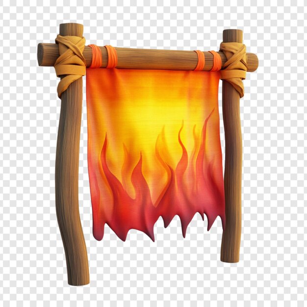Fiery Banner Render 3D de una tela en llamas en postes de madera