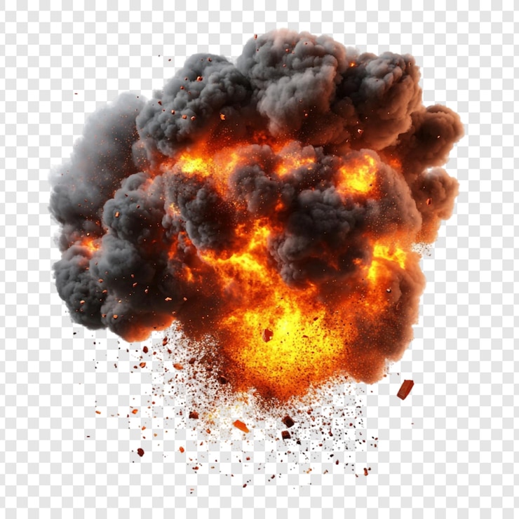 PSD fiery explosion smoke and debris intense combustion burning inferno dramatic visual effect