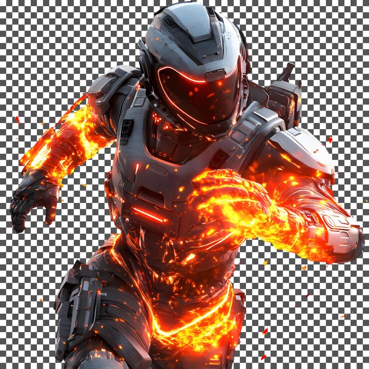 PSD fiery futuristic warrior en armadura de combate aislado en un fondo transparente