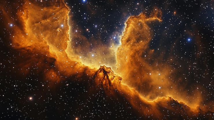 PSD fiery orange nebula in deep space with scattered stars