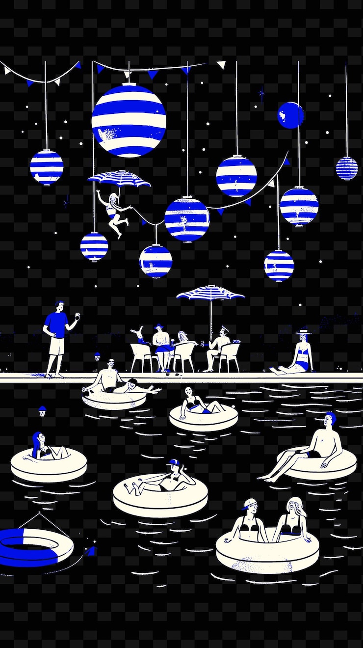 PSD una fiesta con amigos y familia decoración de la piscina flotante diseños de ideas de ilustración creativa