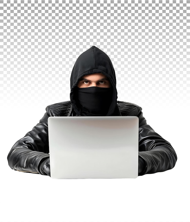 PSD figura aislada de un hacker con una computadora portátil en un fondo transparente