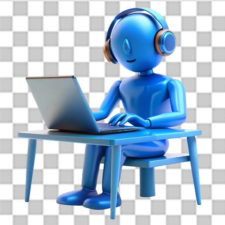 PSD una figura azul con auriculares en la cabeza y una computadora portátil en la mesa