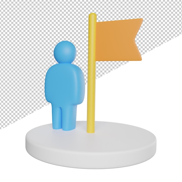 Una figura azul se para frente a una bandera roja.