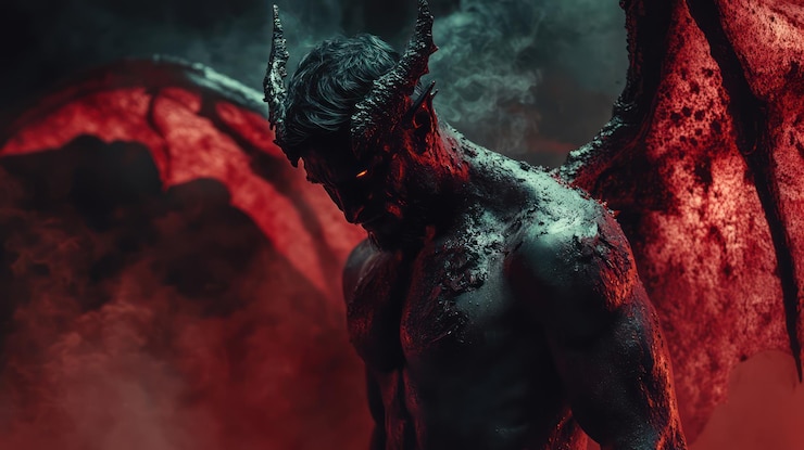 PSD figura demonica in un inferno fumoso un ritratto di fantasia oscura