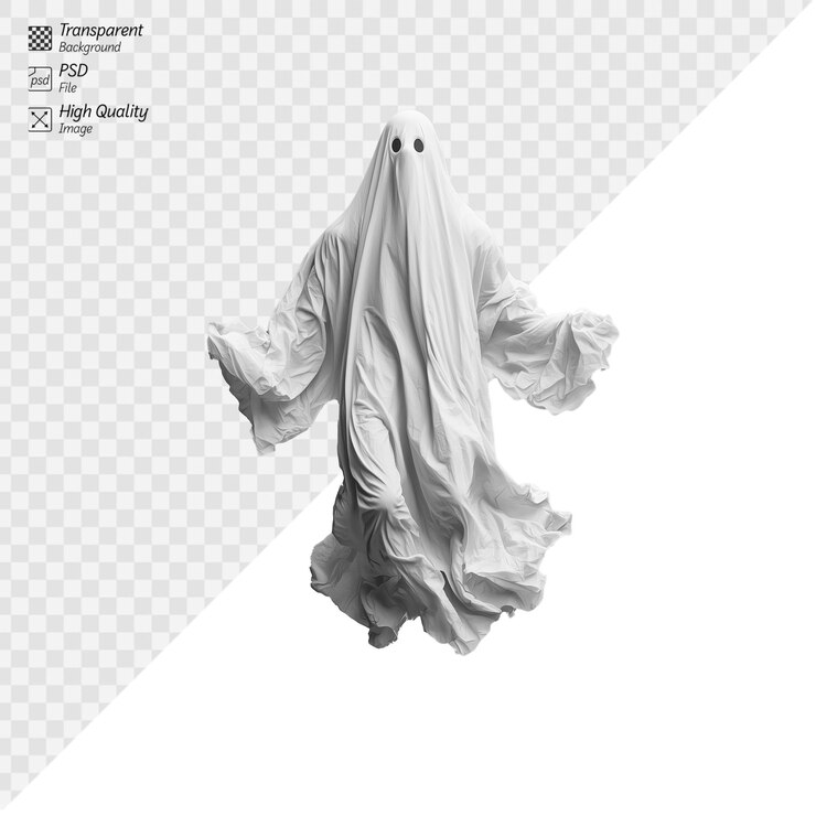 PSD figura di fantasma galleggiante drappeggiata di stoffa bianca su uno sfondo trasparente ideale per halloween