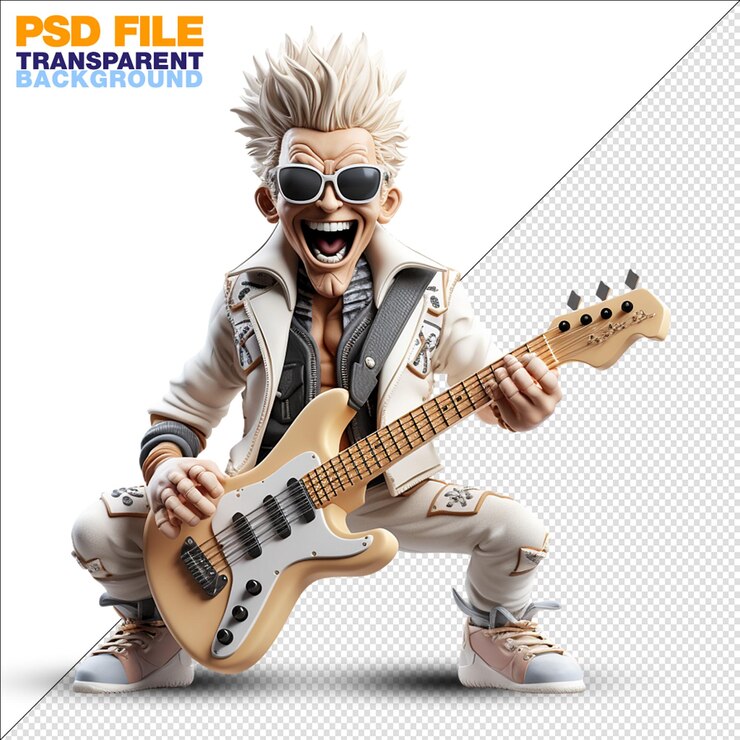 PSD una figura de dibujos animados en 3d de un fondo transparente de rocker