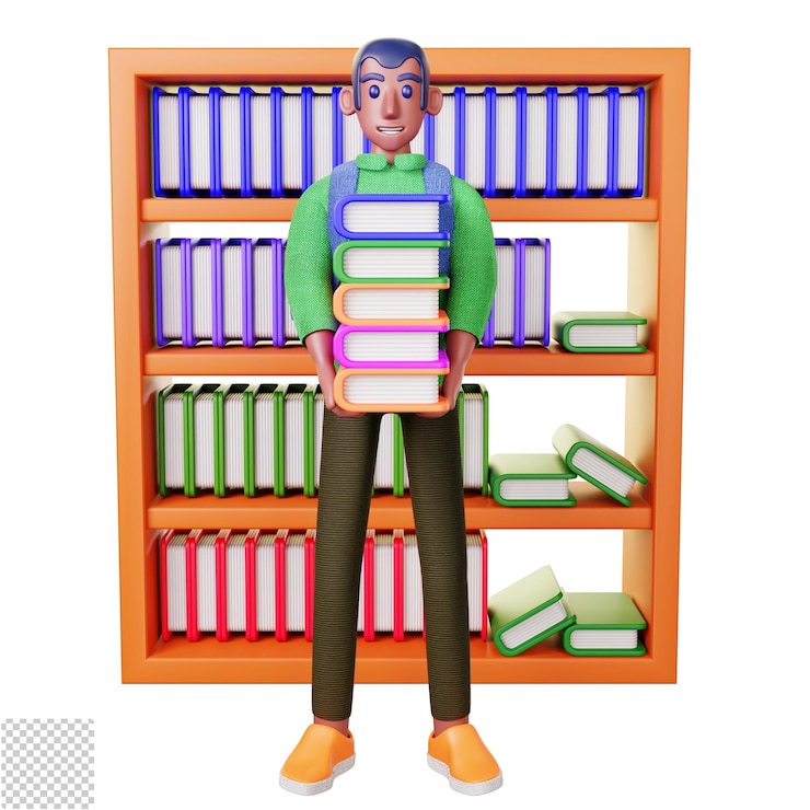 PSD una figura de dibujos animados con una pila de libros en un estante