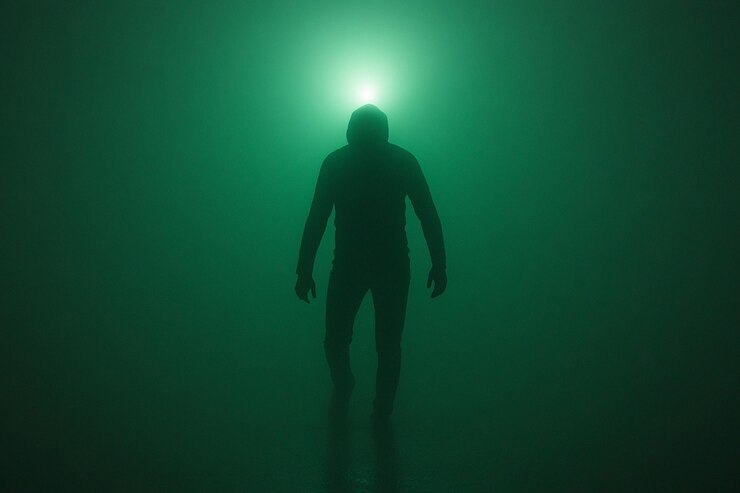 PSD figura encapuchada caminando hacia una luz brillante en una niebla verde