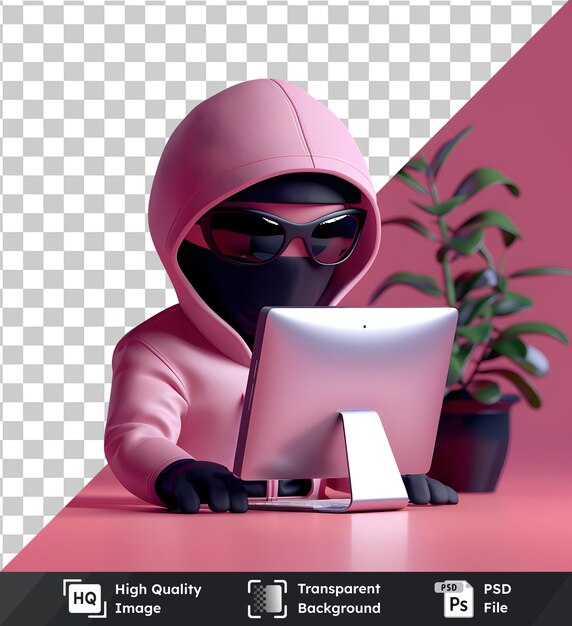 Figura encapuchada usando una computadora portátil imagen aislada de un hacker