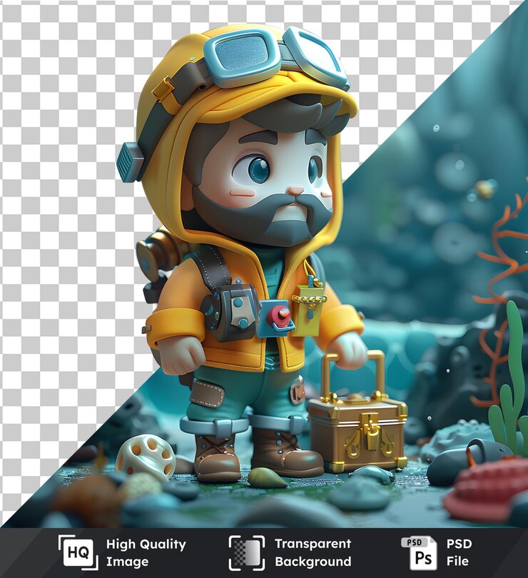 PSD figura de explorador de pie con una maleta en un paisaje misterioso