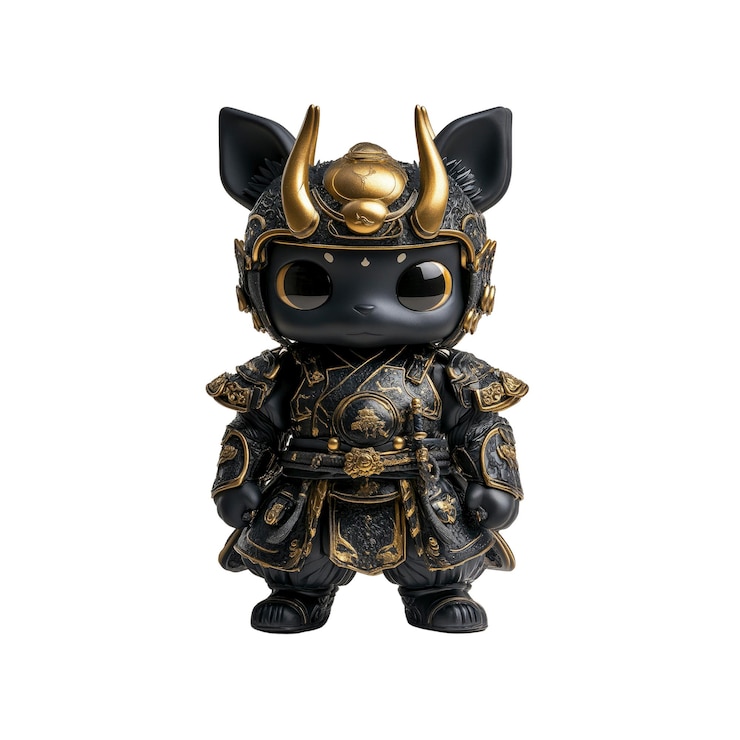 PSD figura de gato samurai negro y dorado