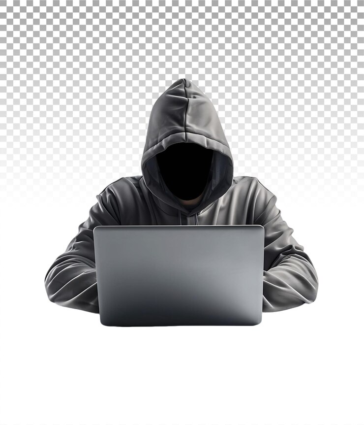 PSD figura de un hacker con una computadora portátil en un fondo claro