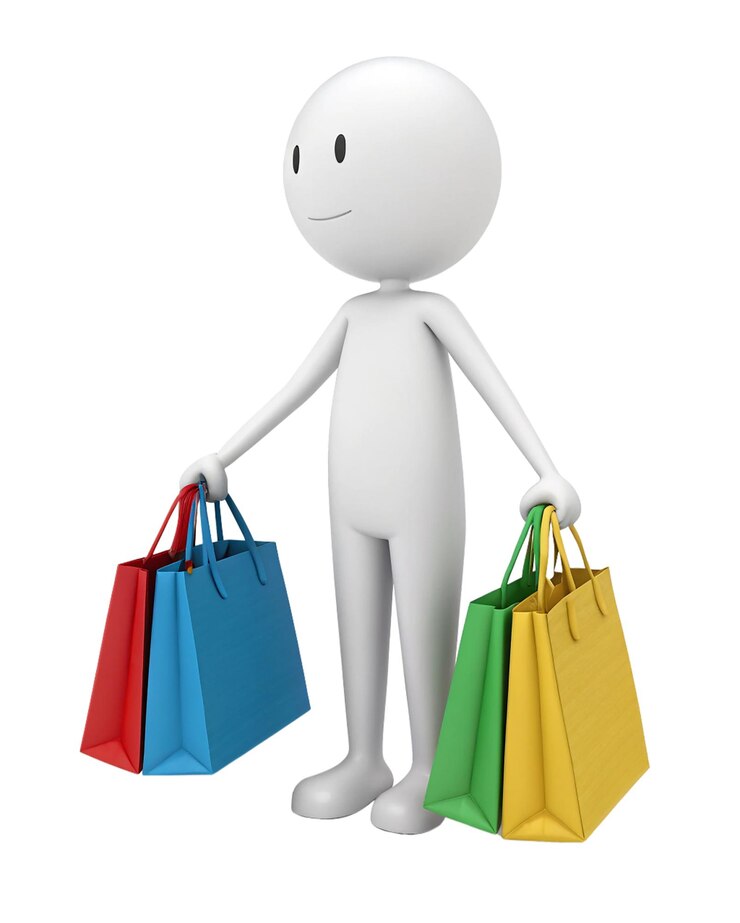 PSD figura humanoide estilizada sosteniendo bolsas de compras de colores