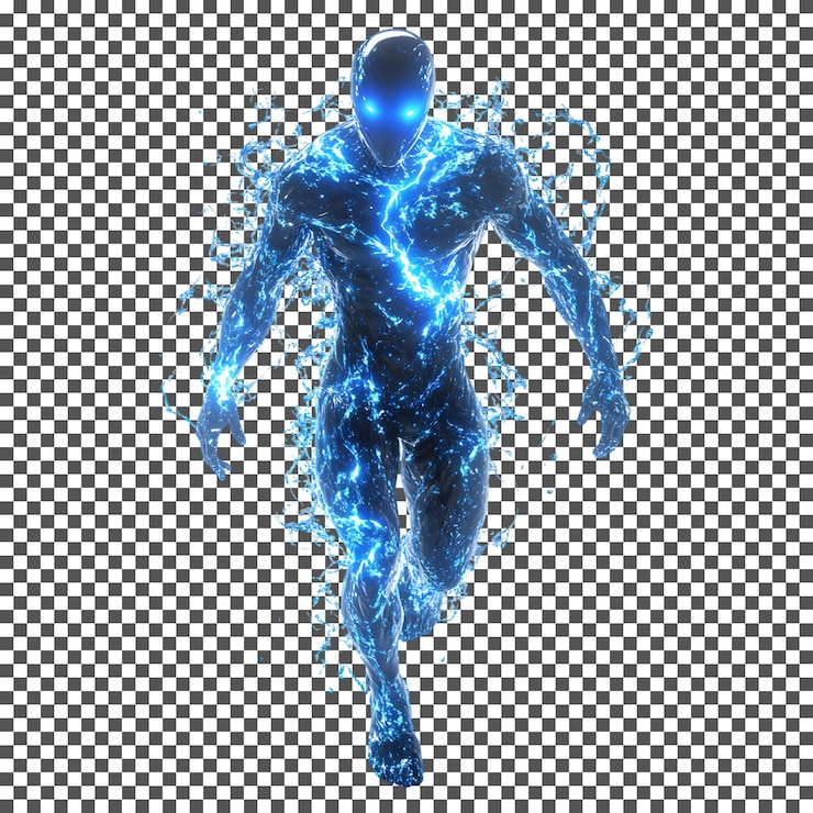 PSD figura humanoide con tatuajes azules radiantes y efecto relámpago aislado en un fondo transparente