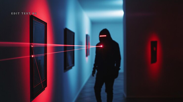 PSD figura in silhouette in una galleria illuminata al neon raggi laser opere d'arte sorprendenti